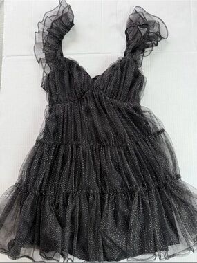 Lush Black Ruffle Polka Dot Tulle Slip Dress